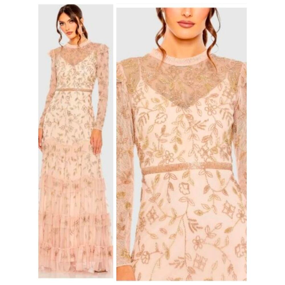 Mac Duggal 9237 Blush Pink Nude Beaded Tulle Formal Gown Long Sleeve 16 Dress
